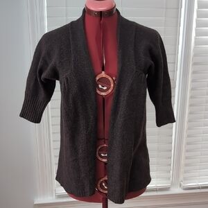 BCBG Chocolate Brown Angora & Wool Blend 1/2 Sleeve Open Front Cardigan Y2K Chic